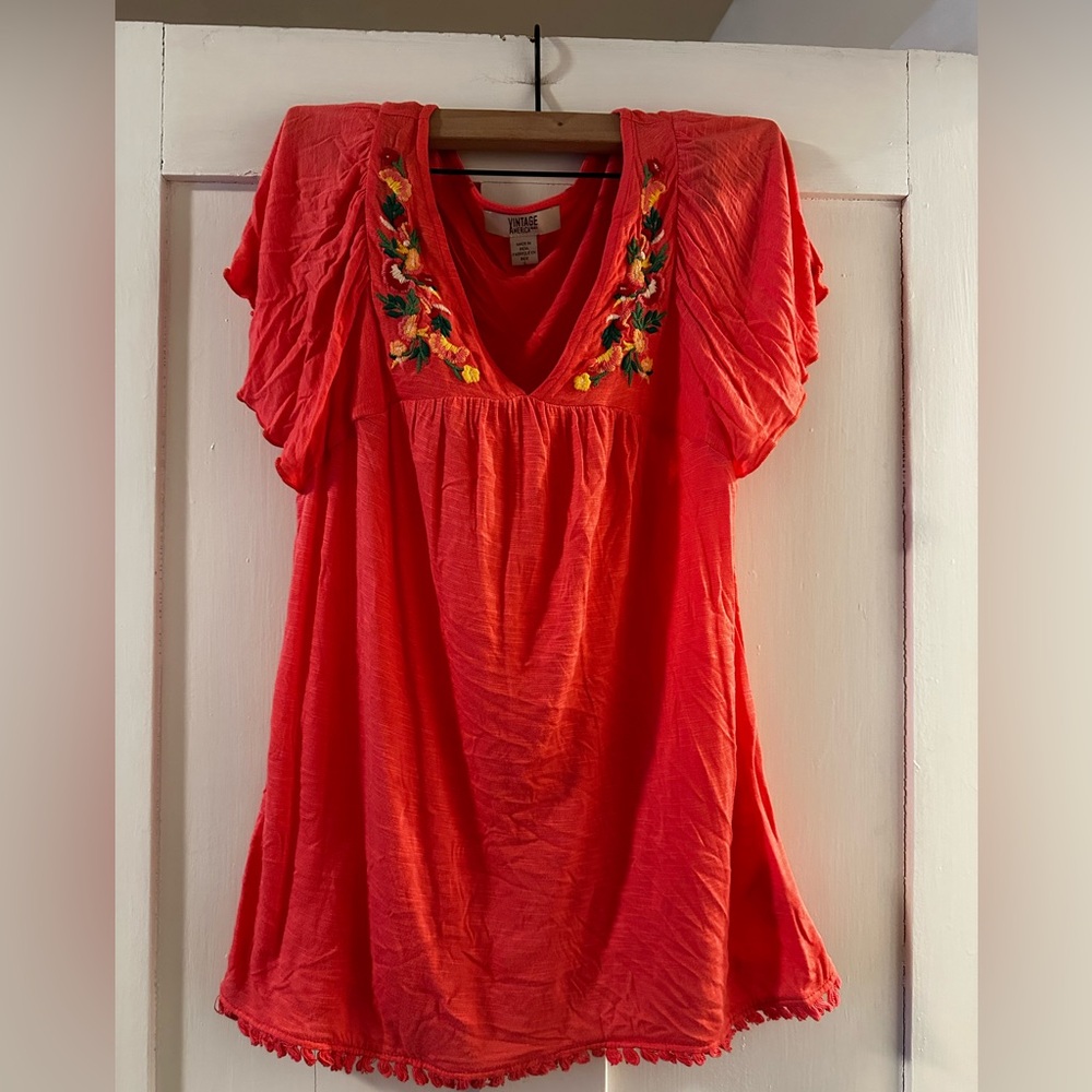 Vintage America Bright Coral V-Neck Tunic with Floral Embroidery